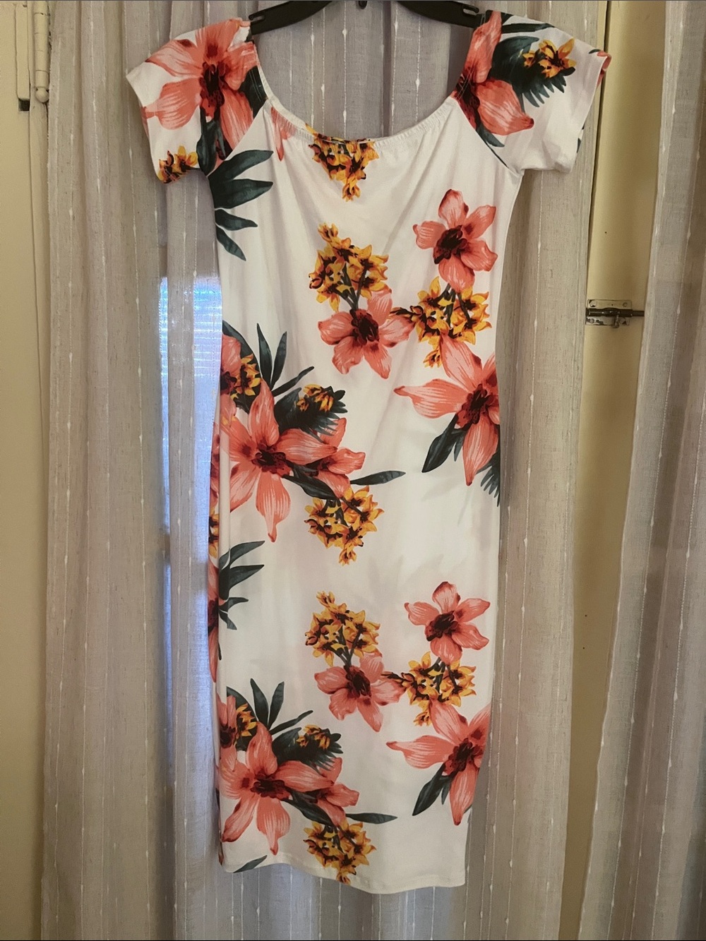 White Floral Off-Shoulder Midi Dress